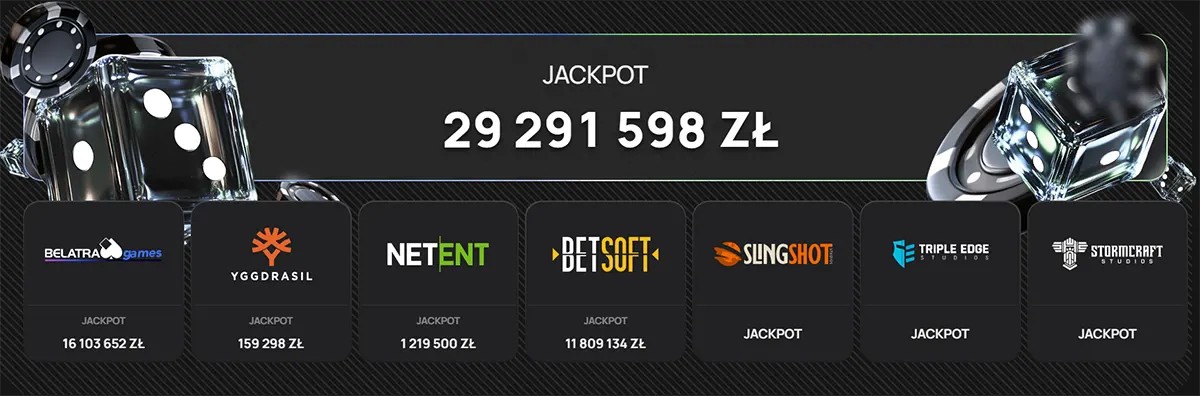 Online casino jackpot banner showing total jackpot of 29,291,598 PLN with featured game providers Belatra, Yggdrasil, NetEnt, Betsoft, Slingshot, Triple Edge Studios, and Stormcraft Studios.