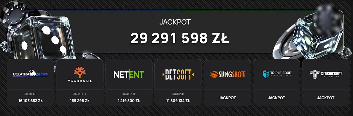 Online casino jackpot banner showing total jackpot of 29,291,598 PLN with featured game providers Belatra, Yggdrasil, NetEnt, Betsoft, Slingshot, Triple Edge Studios, and Stormcraft Studios.